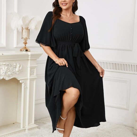 Plus Size Formal Maxi Dress Chiffon Wedding Guest Flowy A Line Sleeved - Picture 4 of 6